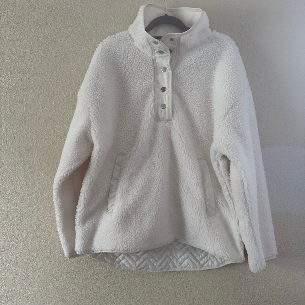 Athleta Cozy Sherpa Snap Sweatshirt Large Magnolia White Zip Pockets 1/4 Fleece